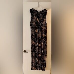 Soma Sleeveless Black Maxi Dress with Tan Floral Print, Size Large Long